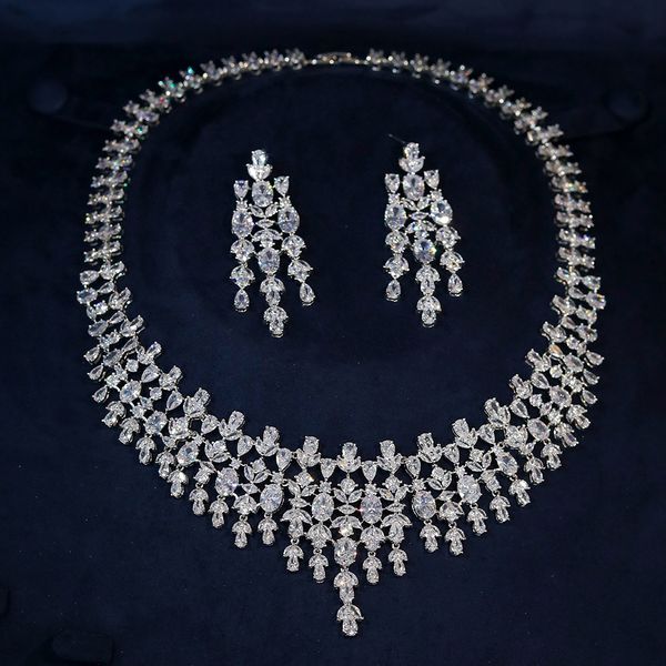 

earrings necklace asnora luxury floral design wedding dubai bridal jewelry 2 pcs set shiny cubic zirconia cz pendant x0202 230107, Silver