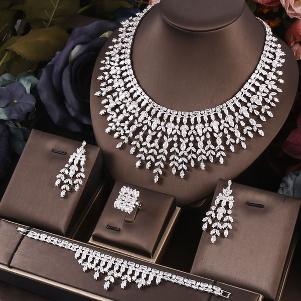 

earrings necklace janekelly 4pcs bridal zirconia full jewelry sets for women party luxury dubai nigeria cz crystal wedding y230107, Silver