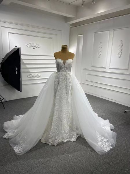 

mermaid wedding dress gorgeous strapless lace detachable train bride dress sm67180, White