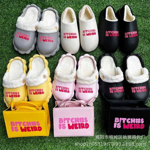 

designer womens wool slippers letter print winter warm plush shoes, Black