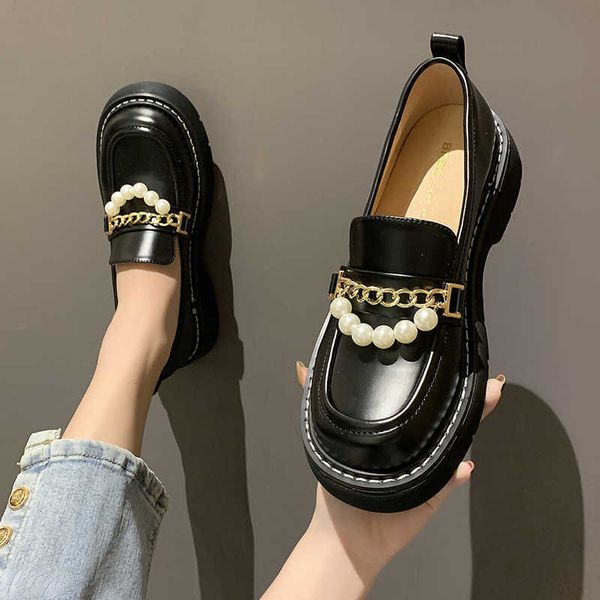 

french small leather shoes women's summer new chain pearl medium heel thick soled lefu shoes slip on single shoes, Black