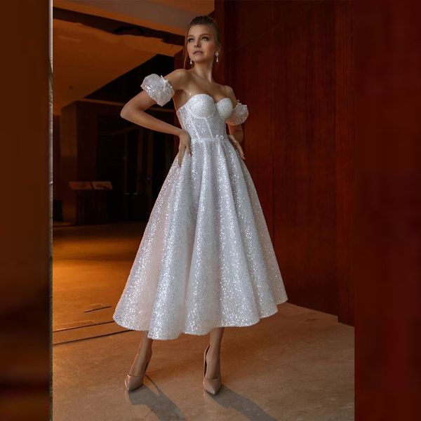

2023 sweetheart sequin summer wedding dress with detachable short sleeves tea-length gittler sheer back vestidos de novia, White