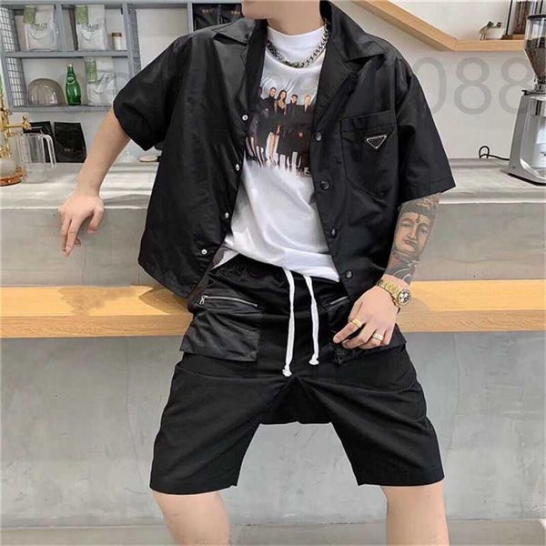 

men's casual shirts designer luxury metal triangle pocket loose nylon short sleeve shirt mesh red versatile v77v, White;black