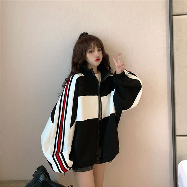 

men s hoodies sweatshirts raglan sleeve sweatshirt with pocket loose plus velvet coats zip up hoodie for women contrast color student jacket, Black