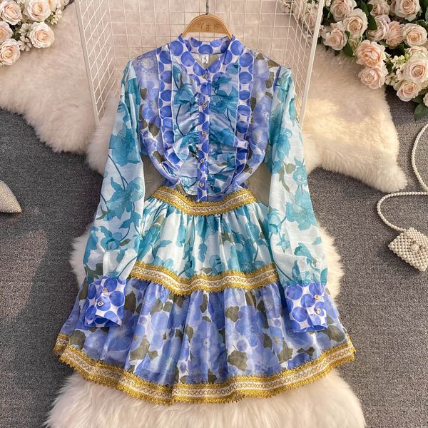 

vintage court style dress round neck bubble long sleeve waist closing thin printed chiffon a-line ruffle dress, Black;gray
