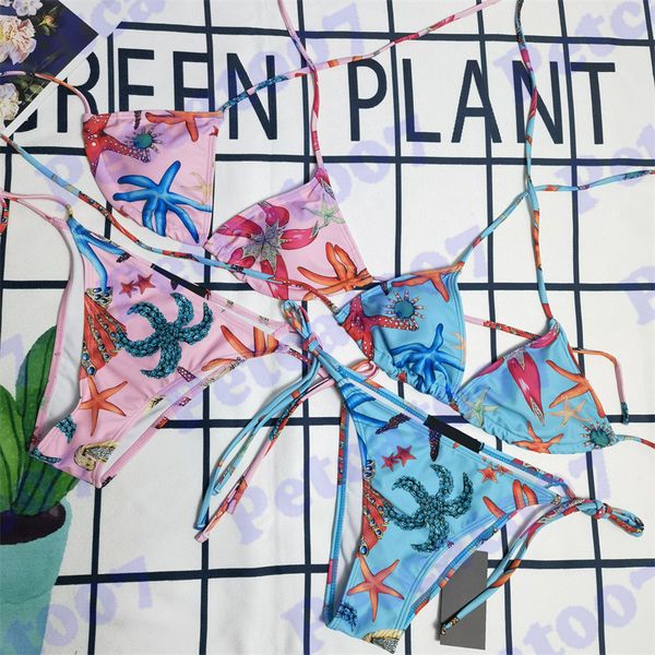 

blue pink bikini starfish pattern swimsuit womens vacation swimwear classic triangle bikinis split swim wear