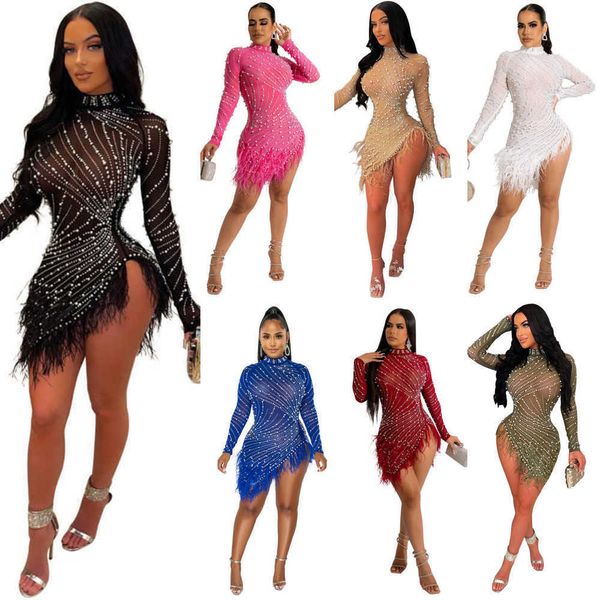 

women dresses fur designer 2023 summer new fashion skirt slim tassel mesh drill dress 6 colours, Black;gray