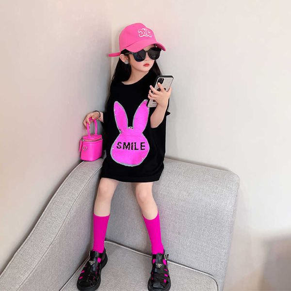 

girl's dresses summer girls long t shirt baby tee dress kids children streetwear clothes fashion rabbit switchable seqiuin cotton 5-13, Red;yellow