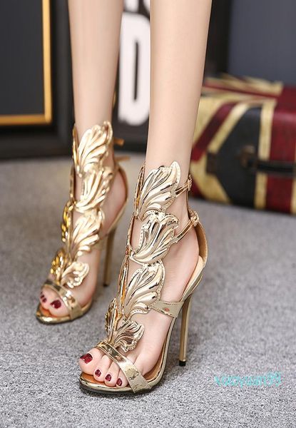 

summer sandals women 11cm high heels open toe shoes with metal wings female gladiator sandals fashion hollow shoes1234801, Black