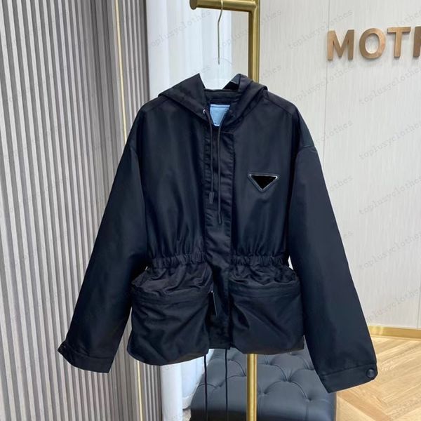 

2023 designer fall and winter women's jacket hooded outerwear brand drawstring solid color windbreaker jacket casual clothing size s, Black;brown