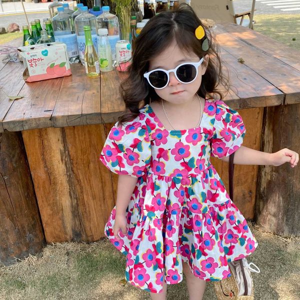 

girl's dresses summer girls dress toddler dress baby dress kids vestidos children clothes floral all over print back lacing hollow 1-6y, Red;yellow