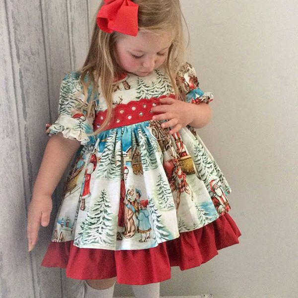 

girl's dresses new children's print big bow sweet and cute party long-sleeved princess red plaid lace border christmas dress skirt, Red;yellow