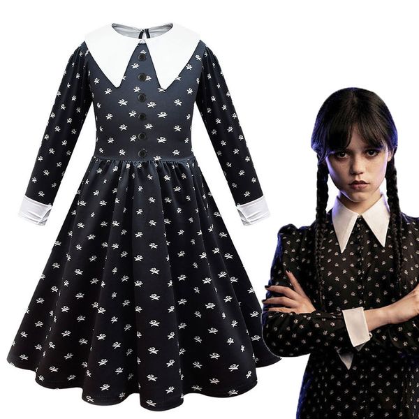 

girl s dresses kids wednesday addams family cosplay costume printing dress wig girls vintage gothic outfits halloween role play clothing 230, Red;yellow