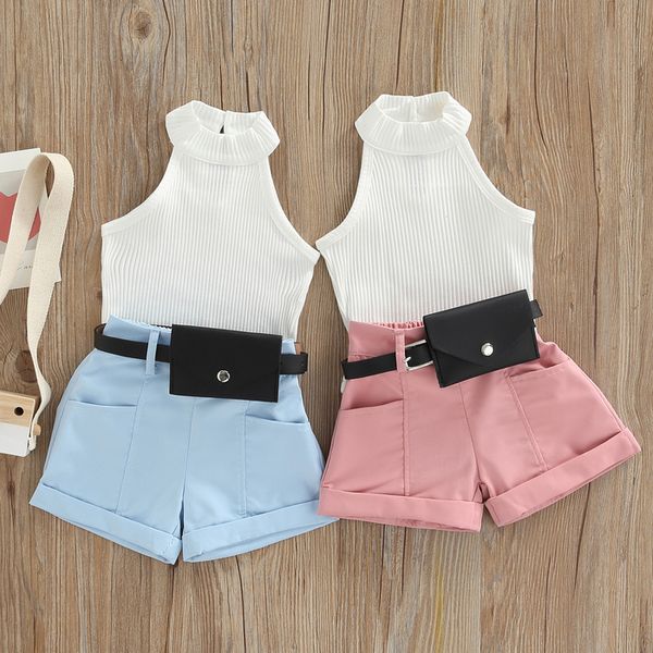 

clothing sets little girl three piece outfits solid color sleeveless ribbed stand up collar belted short pants small waist pack 6m 4t 23010, White