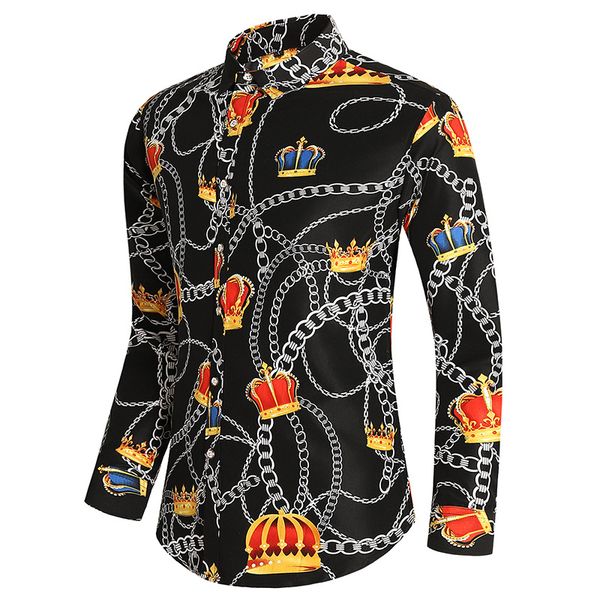 

men's casual shirts men's polyester long sleeve shirt geometry print male turn-down collar buttoned clothes blouse clothing men, White;black