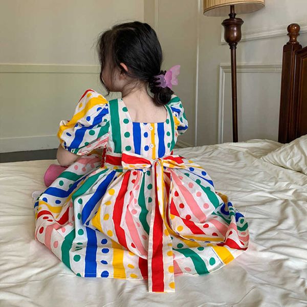 

girl's dresses summer girls dress toddler dress baby dress kids vestidos children clothes puff sleeve striped dot 2-7y t230106, Red;yellow
