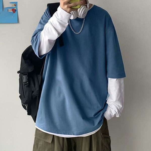 

men's tshirts autumn casual long sleeve t shirt plus size sweatshirts male korean fashion oversized tees clothes blue fake two tshirt 2, White;black