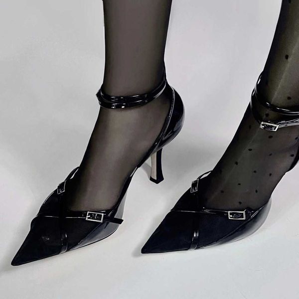 

dress shoes gauze pointy buckle black high-heeled shoes niche design single shoes