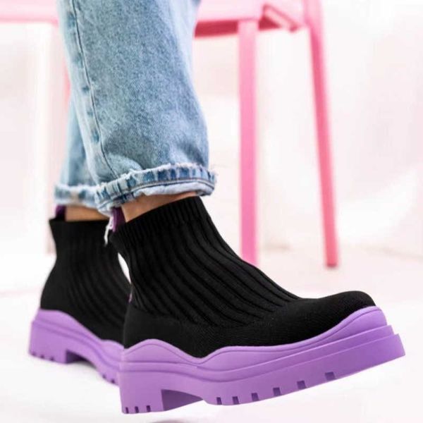 

boots ankle platform women lightweight casual shoes wedge medium tube sock knitting autumn winter botas mujer 221215, Black