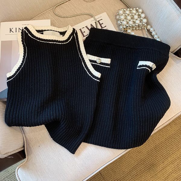

women s two piece pants elegant knitted sets bodycon mini skirt suits o necktank vest korean casual knitwear summer suit 230109, White