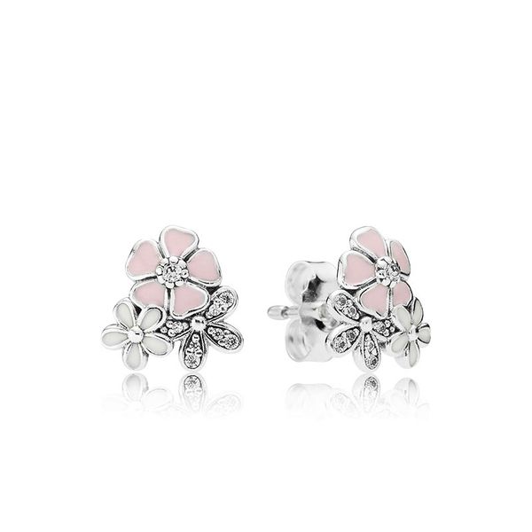 

pink daisy flowers stud earrings real sterling silver for pandora wedding party jewelry for women girls girlfriend gift designer earring wit, Golden;silver