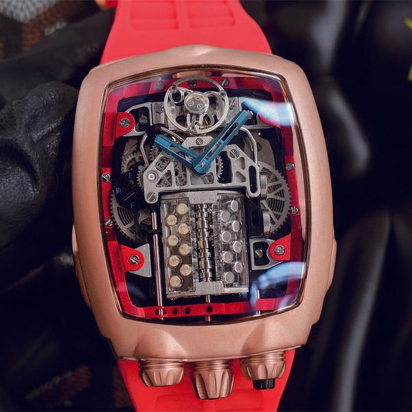

2022 men's luxury automatic mechanical watch casual fashion hollow 12 cylinder engine multi-function calendar waterproof tape watches, Slivery;brown