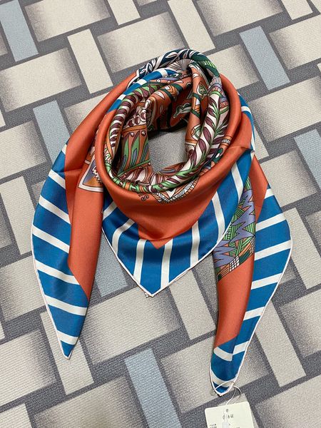 

women's square scarf 100% twill silk material orange color print flowers pattern size 90cm- 90cm, Blue;gray