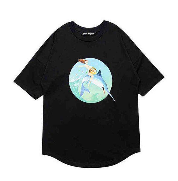 

palm vintage oversized sweat luxe white polo tshirt fashion mens woman lovers cotton floral mermaid shark print loose round neck drop should, White;black