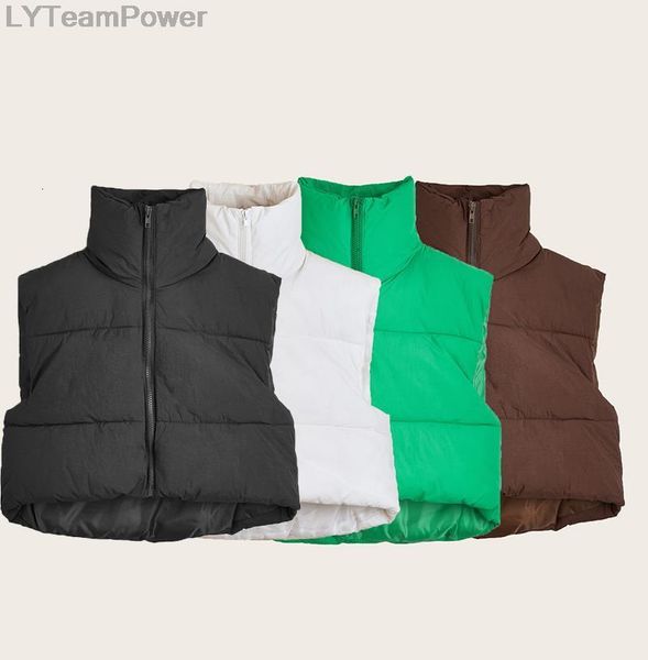 

women s vests puffy women zip up stand collar sleeveless oversized lightweight padded cropped puffer quilted winter warm coat jacket 230107, Black;white