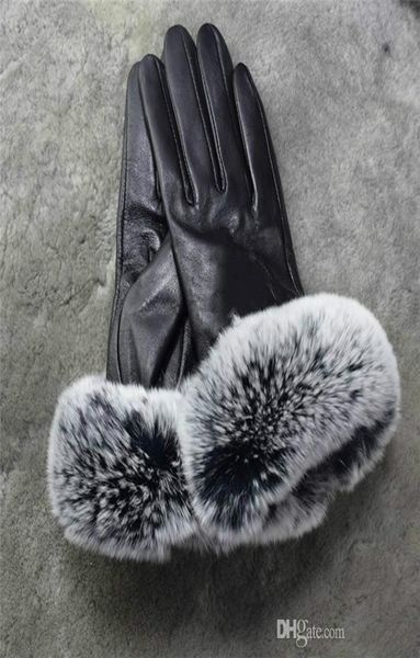 

premium brand winter leather gloves and fleece touch screen rex rabbit fur mouth cycling coldproof thermal sheepskin sub finger g6541055, Blue;gray