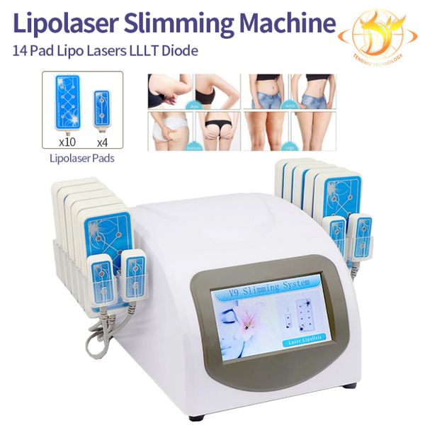 

professional 14080mw burn lipo laser diode lipolysis fat loss slimming machine lllt cellulite 10 largepads 4 smallpad 635nm 650nm beauty equ