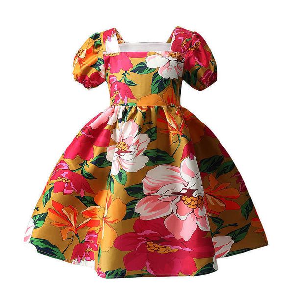 

girl's dresses new kids girls summer dress 2t 4t 6t baby girls princess dress short puff sleeve square collar chilren floral dress t230, Red;yellow