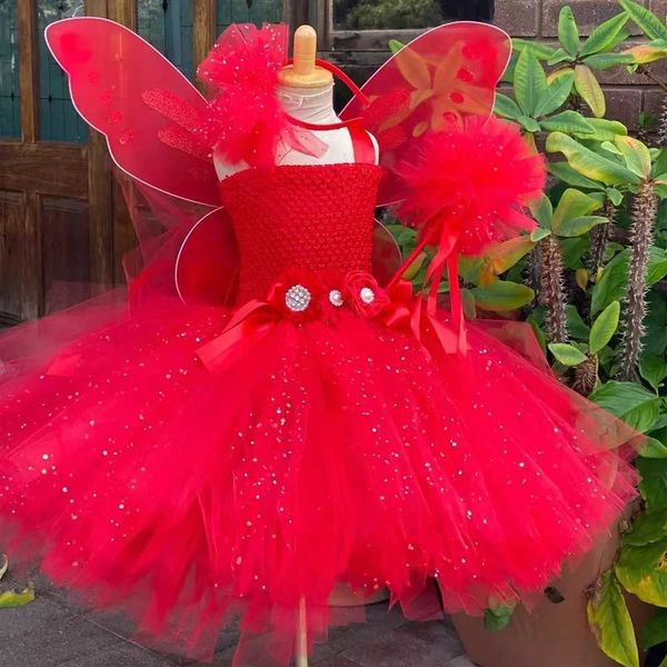 

girl's dresses girls red glitter fairy dress kids butterfly flower tutu dresses outfit children christmas sparkled dress cosplay party, Red;yellow