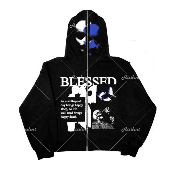 

men s hoodies sweatshirts y2k skull anime graphics zip up oversized autumn vintage women jacket gothic grunge clothing hooded streetwear 230, Black