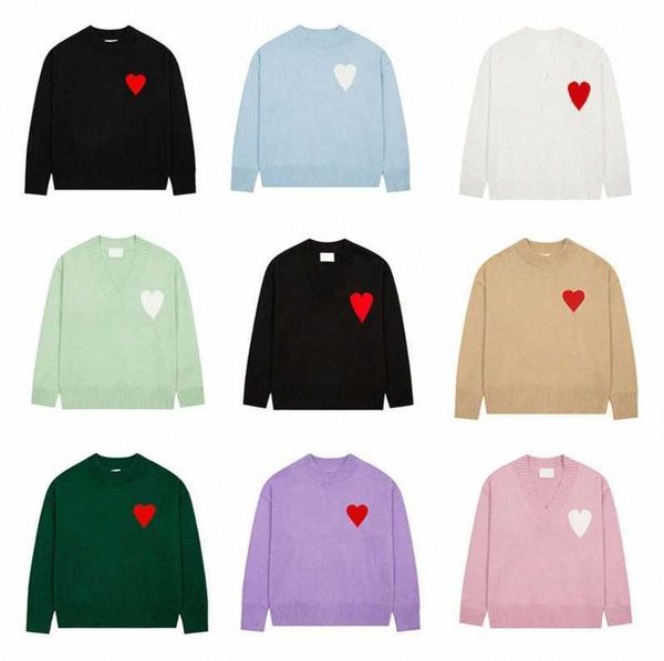 

amis paris fashion mens designer amies knitted sweater embroidered red heart solid color big love round neck short sleeve a t-shirt for men, White;black