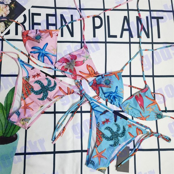 

starfish print bikini designer womens swimsuit fashion strappy swimwear holiday triangle bathing suit, White;black