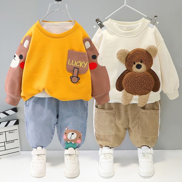 

clothing sets baby boy cotton two piece suit girl plus velvet warmth cartoon bear cute baby clothes t shirt kid 230107, White