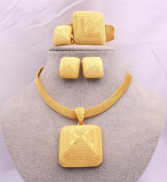 

dubai gold 24k jewelry sets for women african bridal wedding gifts party necklace square earrings ring bracelet jewellery set 10088971189, Black