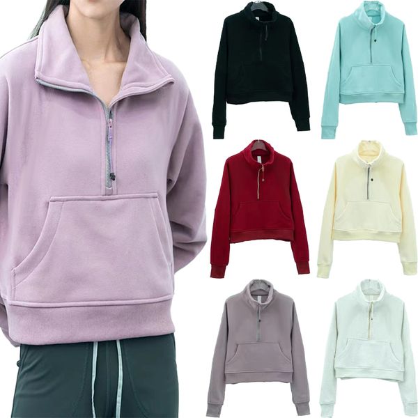 

designer autumn womens half zipper full zipper sweatshirts jackets winter yoga scuba hoodie sthick loose short style with fleece, Black