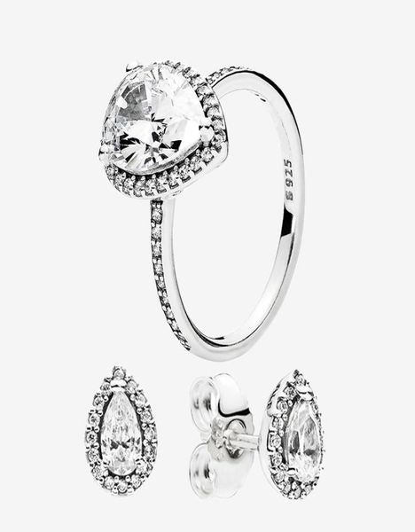 

authentic 925 silver teardrop ring and earring sets original box for pandora cz diamond women wedding jewelry tear drop ring stud 4733254, Slivery;golden