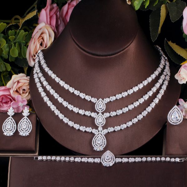 

earrings necklace threegraces luxurious shiny white cubic zirconia 3 layers nigerian bridal wedding party jewelry set for brides accessories, Silver