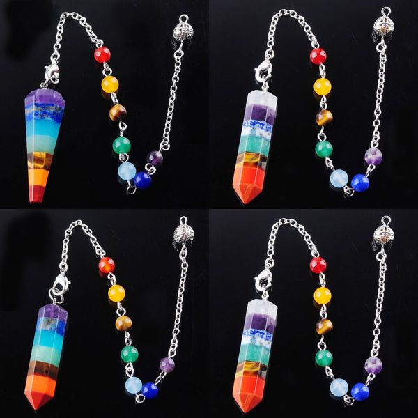 

yowost reiki charm pyramid pendant 7 chakra pendulum natural gem stone rainbow layered dowsing healing point pendant chain bn360, Silver