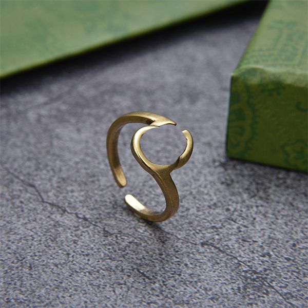 

vintage double letter rings open size ring golden metal anello couple designer band rings anneaux with box, Silver