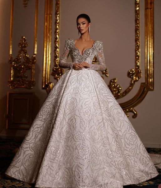 

luxury ball gown wedding dresses appliques v neck long sleeves sequins ruffles pearls appliques floor length diamonds ruffles formal dresses, White