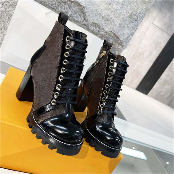 

luxury designer iconic star trail ankle boots treaded rubber patent canvas and leather high heel chunky lace up martin ladys winter sneakers, Black