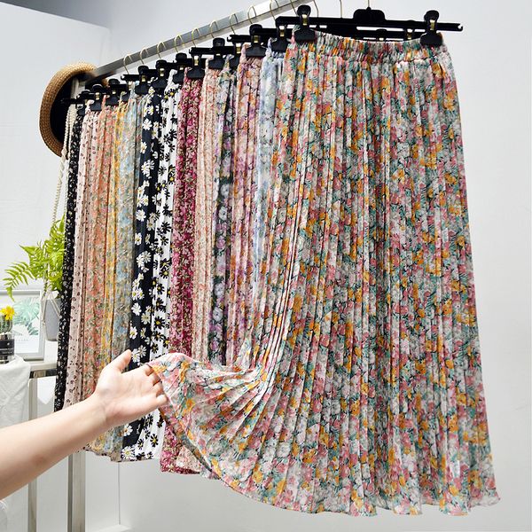 

skirts summer womens vintage floral print chiffon pleated elastic high waist casual midi women clothes jupe 230110, Black