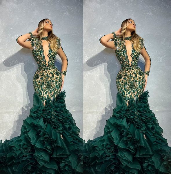 

hunter green mermaid prom dresses illusion rhinestones crystals party dresses tiered ruffles custom made evening dress, Black;red