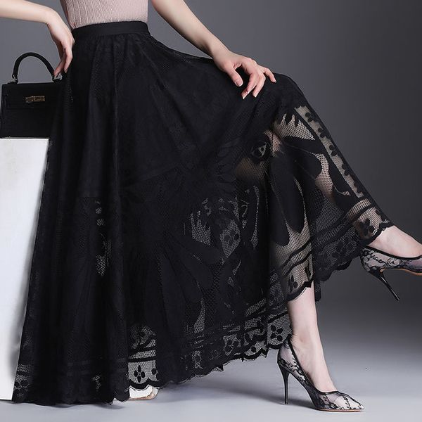 

skirts lace women's aword long big swing gauze hollow pleated 230110, Black