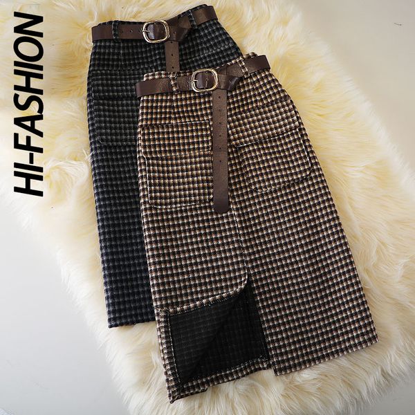 

skirts hifashion woolen plaid female autumn high waist pocket split midlength korean winter onestep plus size 230110, Black