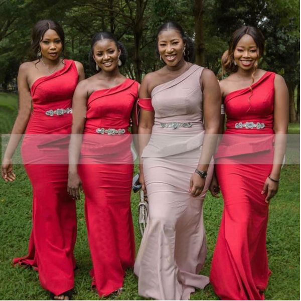 

red one shoulder bridesmaid dresses with appliques sleeveless african women long wedding bridal party dress formal, White;pink